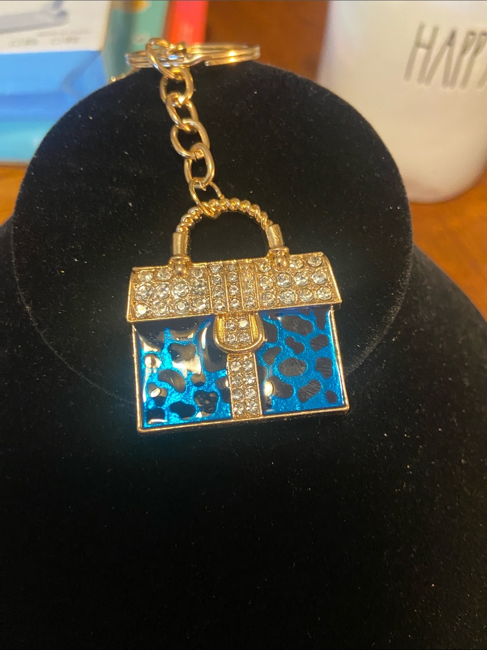 Gold-Tone Blue Enamel Purse Charm Keychain